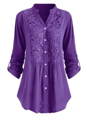 Elegant Regular Floral Lace Shirt Collar Long Sleeve Tunic - Image 14
