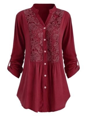 Elegant Regular Floral Lace Shirt Collar Long Sleeve Tunic - Image 15