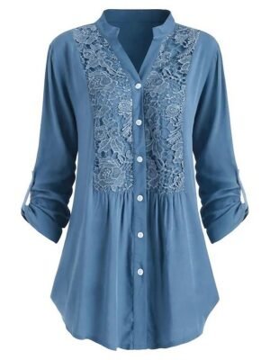 Elegant Regular Floral Lace Shirt Collar Long Sleeve Tunic - Image 2