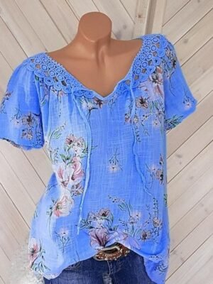 Elegant Regular Floral V Neck Short Sleeve Lace Top - Image 4