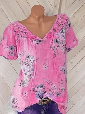 Elegant Regular Floral V Neck Short Sleeve Lace Top - Image 6