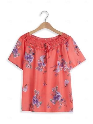 Elegant Regular Floral V Neck Short Sleeve Lace Top - Image 9