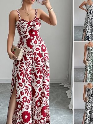 Elegant Regular Floral V Neck Sleeveless Wide Leg Jumpsuit - Image 1