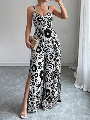 Elegant Regular Floral V Neck Sleeveless Wide Leg Jumpsuit - Image 18