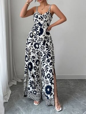 Elegant Regular Floral V Neck Sleeveless Wide Leg Jumpsuit - Image 20