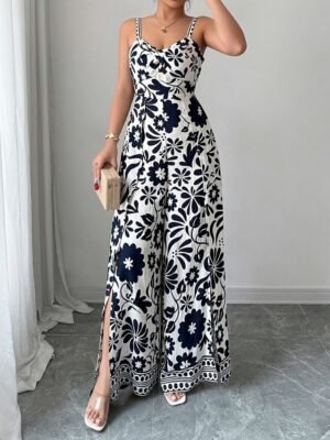 Elegant Regular Floral V Neck Sleeveless Wide Leg Jumpsuit - Image 22