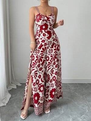 Elegant Regular Floral V Neck Sleeveless Wide Leg Jumpsuit - Image 3