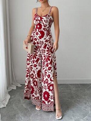 Elegant Regular Floral V Neck Sleeveless Wide Leg Jumpsuit - Image 4