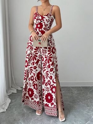 Elegant Regular Floral V Neck Sleeveless Wide Leg Jumpsuit - Image 5