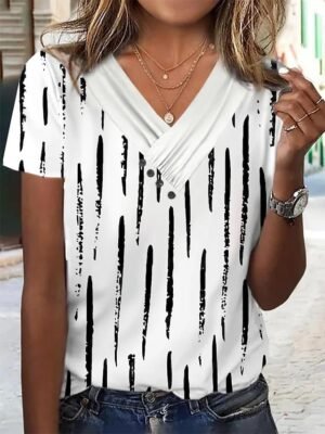 Elegant Regular Graphic V Neck Short Sleeve Tops - Image 3