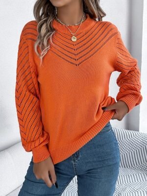 Elegant Regular Plaid Crew Neck Hollow Out Long Sleeve Knit Top - Image 1