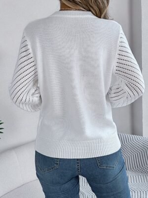 Elegant Regular Plaid Crew Neck Hollow Out Long Sleeve Knit Top - Image 10