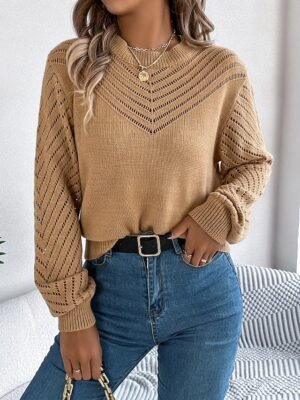 Elegant Regular Plaid Crew Neck Hollow Out Long Sleeve Knit Top - Image 5
