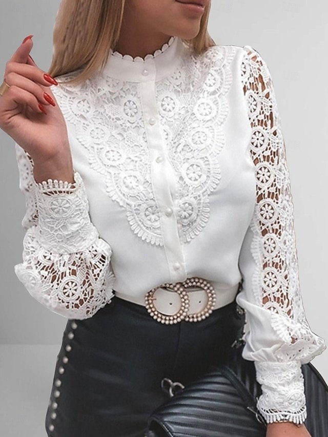 Elegant Regular Plain Round Neck Long Sleeve Eyelet Blouse - Image 1