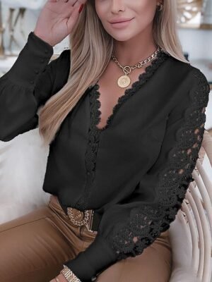 Elegant Regular Plain V Neck Long Sleeve Lace Blouse - Image 7