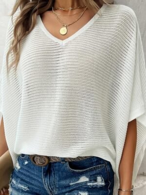 Elegant Regular Solid Colour V Neck Half Sleeve Knit Top - Image 1