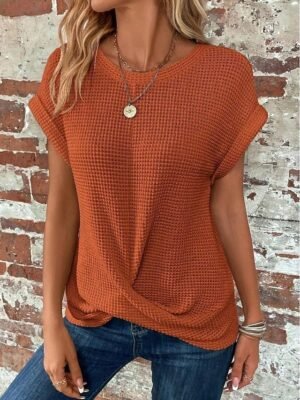 Elegant Regular Solid Colour V Neck Half Sleeve Knit Top - Image 10