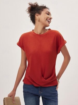 Elegant Regular Solid Colour V Neck Half Sleeve Knit Top - Image 14