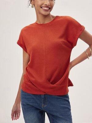 Elegant Regular Solid Colour V Neck Half Sleeve Knit Top - Image 15