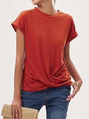 Elegant Regular Solid Colour V Neck Half Sleeve Knit Top - Image 16
