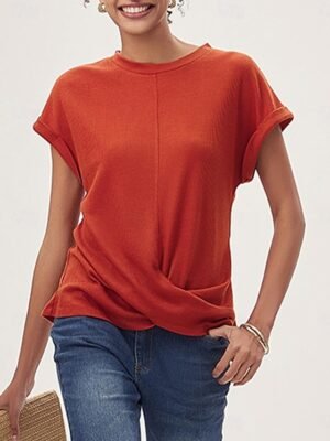 Elegant Regular Solid Colour V Neck Half Sleeve Knit Top - Image 17