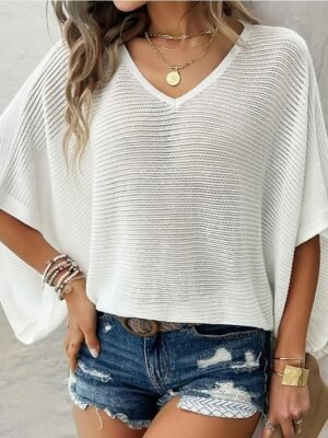 Elegant Regular Solid Colour V Neck Half Sleeve Knit Top - Image 2