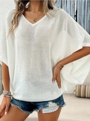 Elegant Regular Solid Colour V Neck Half Sleeve Knit Top - Image 3
