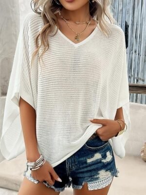 Elegant Regular Solid Colour V Neck Half Sleeve Knit Top - Image 4