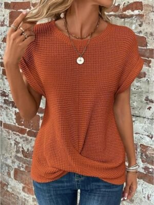 Elegant Regular Solid Colour V Neck Half Sleeve Knit Top - Image 9
