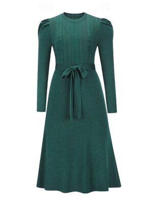 Elegant Regular Solid Crew Neck Long Sleeve Sweater Dress - Image 10