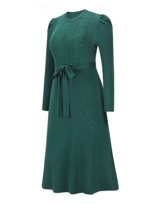 Elegant Regular Solid Crew Neck Long Sleeve Sweater Dress - Image 11