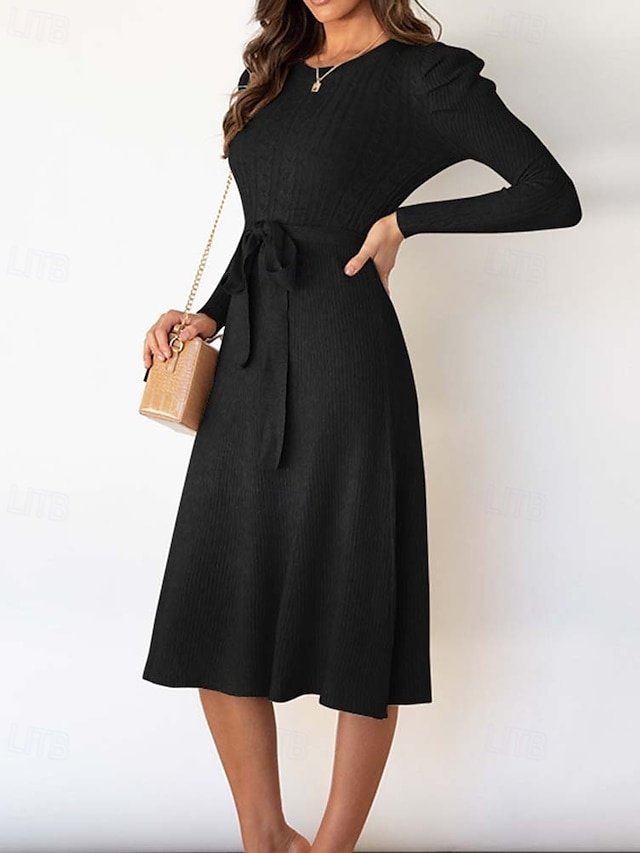 Elegant Regular Solid Crew Neck Long Sleeve Sweater Dress - Image 2