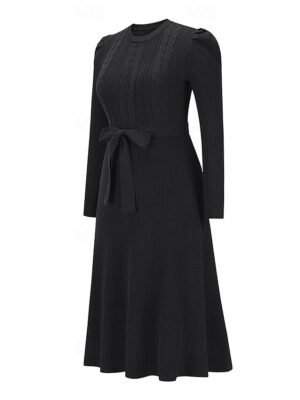 Elegant Regular Solid Crew Neck Long Sleeve Sweater Dress - Image 5