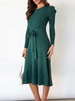 Elegant Regular Solid Crew Neck Long Sleeve Sweater Dress - Image 8