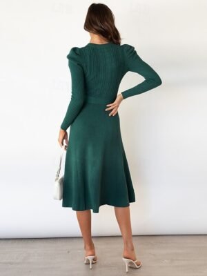 Elegant Regular Solid Crew Neck Long Sleeve Sweater Dress - Image 9