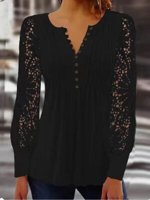 Elegant Regular Solid Notched Neck Long Sleeve Tops - Image 3