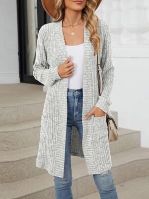 Elegant Regular Solid Open Front Long Sleeve Cardigan - Image 2