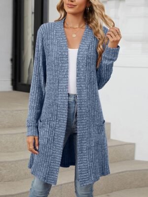 Elegant Regular Solid Open Front Long Sleeve Cardigan - Image 4