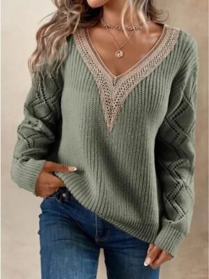 Elegant Regular Solid Ribbed V Neck Lace Long Sleeve Knit Top - Image 3