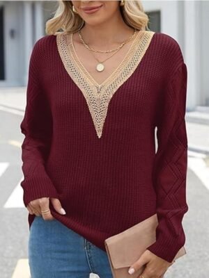 Elegant Regular Solid Ribbed V Neck Lace Long Sleeve Knit Top - Image 5