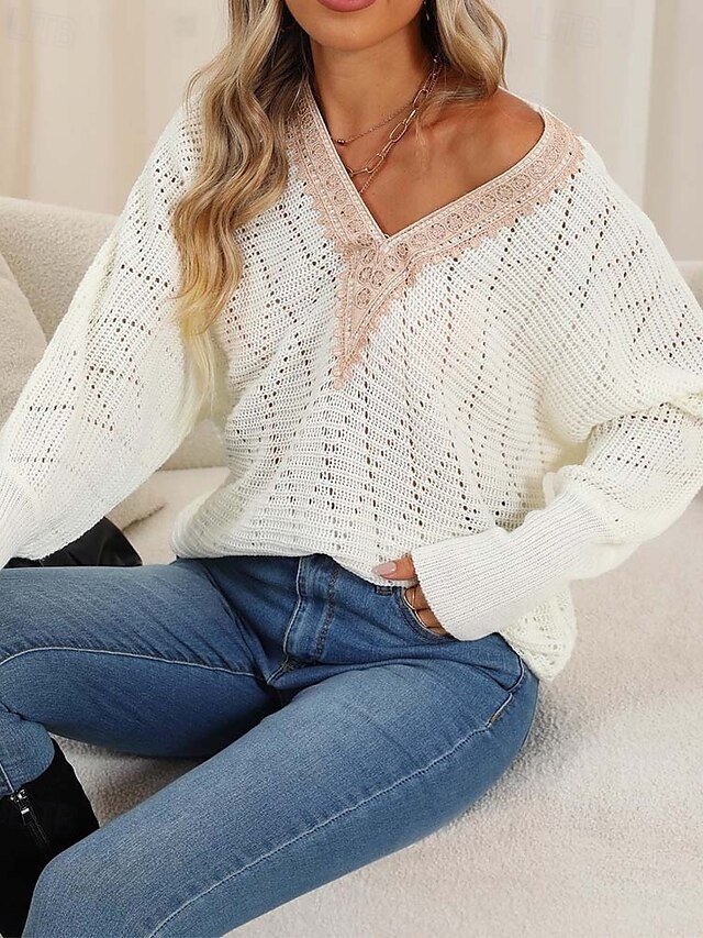 Elegant Regular Solid V Neck Lace Patchwork Long Sleeve Sweater - Image 1
