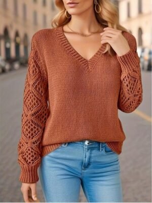 Elegant Regular Solid V Neck Long Sleeve Knit Top - Image 1