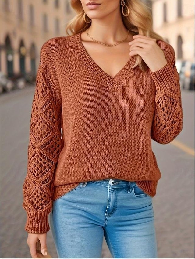 Elegant Regular Solid V Neck Long Sleeve Knit Top - Image 1