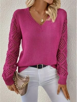 Elegant Regular Solid V Neck Long Sleeve Knit Top - Image 13