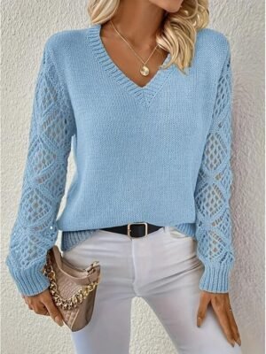 Elegant Regular Solid V Neck Long Sleeve Knit Top - Image 14