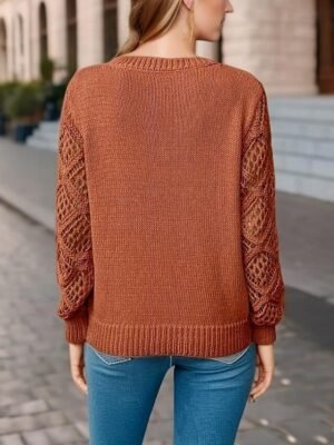 Elegant Regular Solid V Neck Long Sleeve Knit Top - Image 2