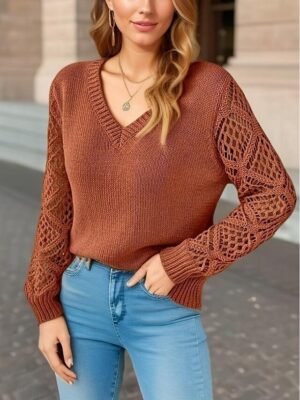 Elegant Regular Solid V Neck Long Sleeve Knit Top - Image 4