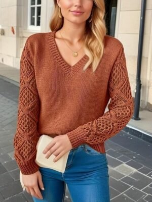 Elegant Regular Solid V Neck Long Sleeve Knit Top - Image 5