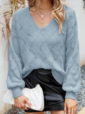 Elegant Regular Solid V Neck Long Sleeve Sweater - Image 7