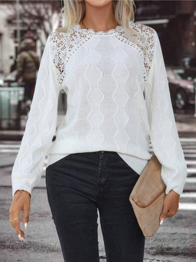 Elegant Regular Solid Waffle Crew Neck Lace Long Sleeve Knit Top - Image 1